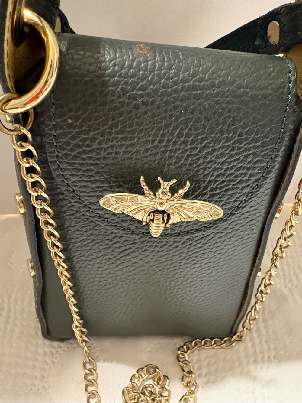 Vera Pelle Olive Green Leather Crossbody Bag with Beige  Interior, made in Italy